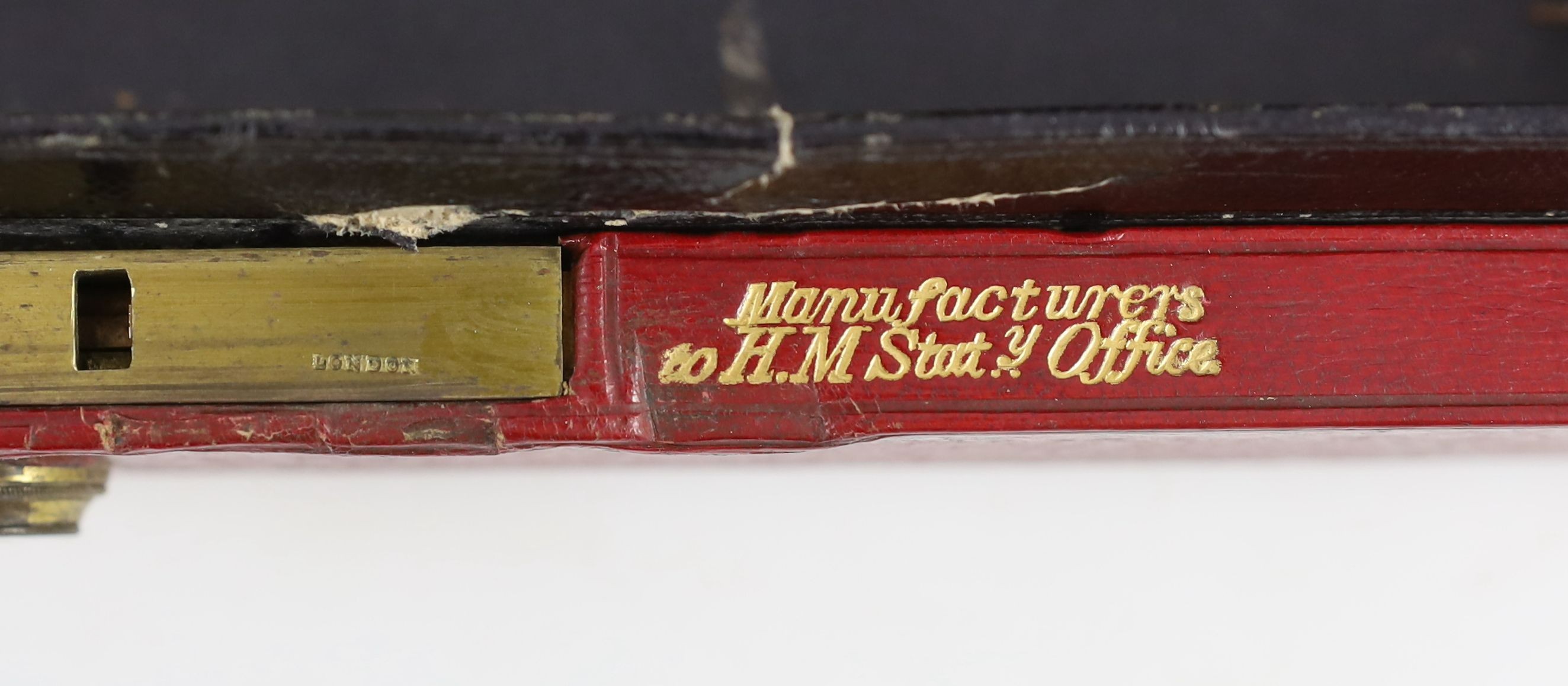 An early 20th century red morocco despatch box, formerly the property of Richard Assheton Cross, b.1882, width 42cm, depth 30cm, height 9.5cm